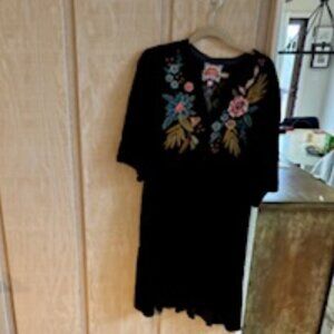 Johnny Was Black Velvet Embroidered Dress, Size L